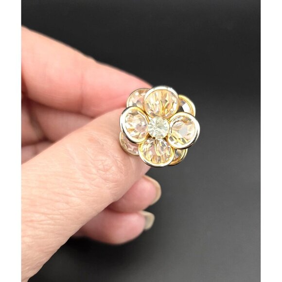 Gold-Tone Adjustable Flower Ring With Crystal Petals & Centerpiece - Picture 2 of 8